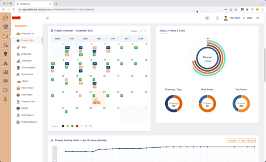 Project calendar and charts in WeldTrace