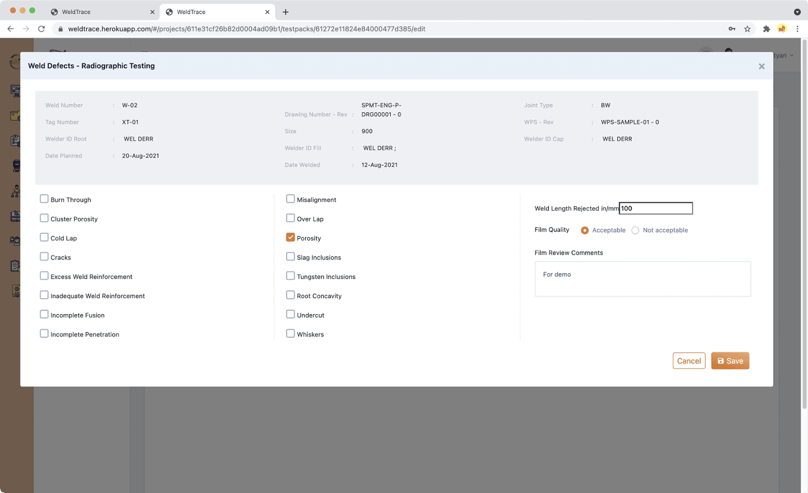 Pick defects for a failed weld